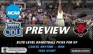 Old Dominion Monarchs vs Arkansas State Red Wolves preview graphic with team logos and NCAA branding promoting college basketball picks and predictions for January 28 2026