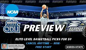 Old Dominion Monarchs vs Georgia Southern Eagles basketball preview graphic with ODU and Georgia Southern logos and a player shooting in the background