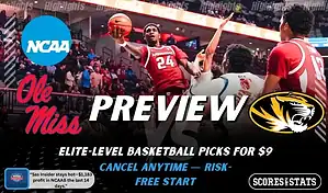 Ole Miss Rebels versus Missouri Tigers college basketball preview graphic with team logos and Scores and Stats branding January 10 2026
