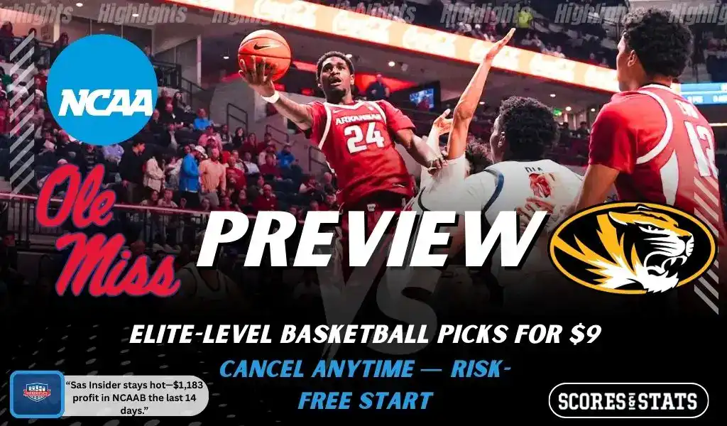 Ole Miss Rebels versus Missouri Tigers college basketball preview graphic with team logos and Scores and Stats branding January 10 2026