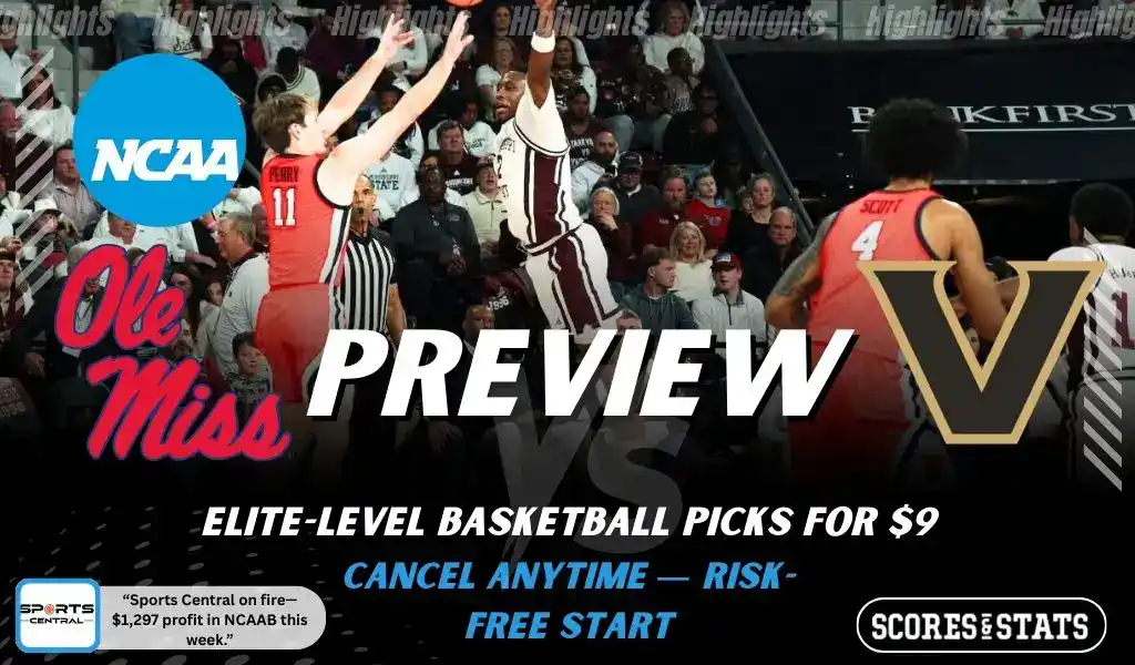 Ole Miss Rebels vs Vanderbilt Commodores preview graphic with both team logos, “Picks and Predictions” label, and Ole Miss Rebels basketball action background (January 31, 2026).