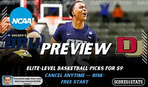 Oral Roberts Golden Eagles vs Denver Pioneers basketball preview graphic with Oral Roberts and Denver logos and a player celebrating in the background