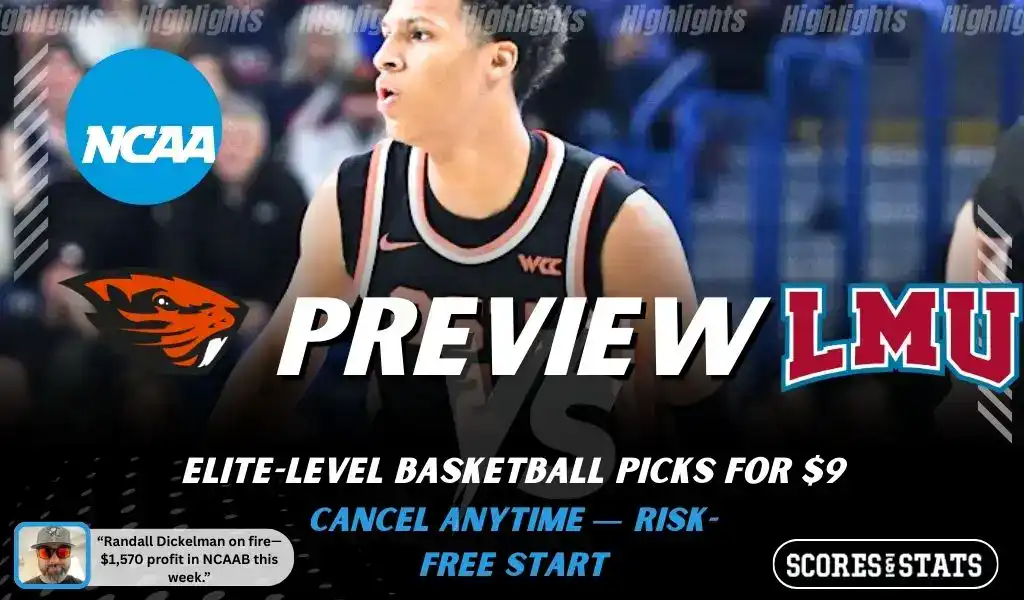 Oregon State Beavers vs Loyola Marymount Lions preview graphic with team logos and NCAA branding for picks and predictions on January 28 2026