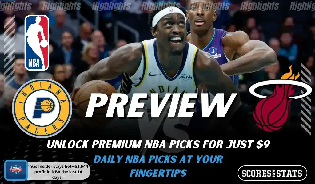 Indiana Pacers versus Miami Heat NBA preview graphic with team logos and Scores and Stats branding January 10 2026