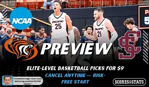 Pacific Tigers vs Santa Clara Broncos basketball preview graphic with Pacific and Santa Clara logos and players on the court in the background