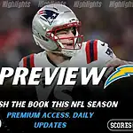 NFL preview graphic for New England Patriots vs Los Angeles Chargers with “PREVIEW” text, both team logos, and game date January 11, 2026