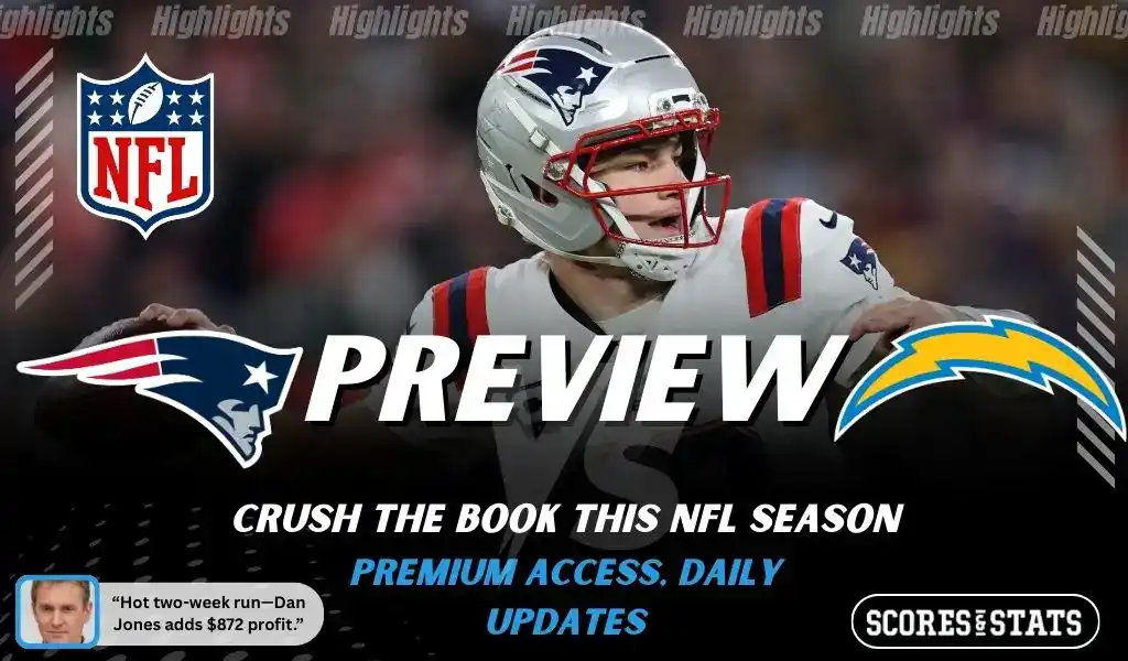 NFL preview graphic for New England Patriots vs Los Angeles Chargers with “PREVIEW” text, both team logos, and game date January 11, 2026
