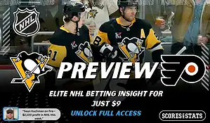 Pittsburgh Penguins vs Philadelphia Flyers hockey preview graphic with Penguins and Flyers logos and Penguins players on the ice in the background
