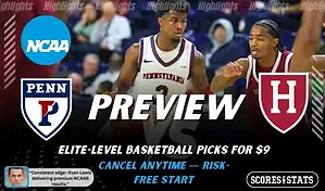 Penn Quakers vs Harvard Crimson college basketball preview graphic with two Penn players and both team logos for January 19 2026