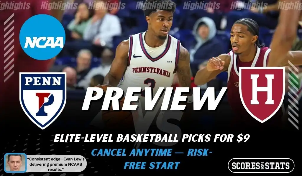 Penn Quakers vs Harvard Crimson college basketball preview graphic with two Penn players and both team logos for January 19 2026