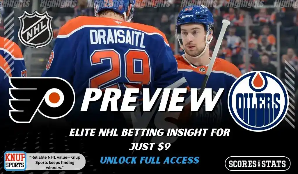 Philadelphia Flyers vs Edmonton Oilers NHL preview graphic with Oilers players on ice and both team logos