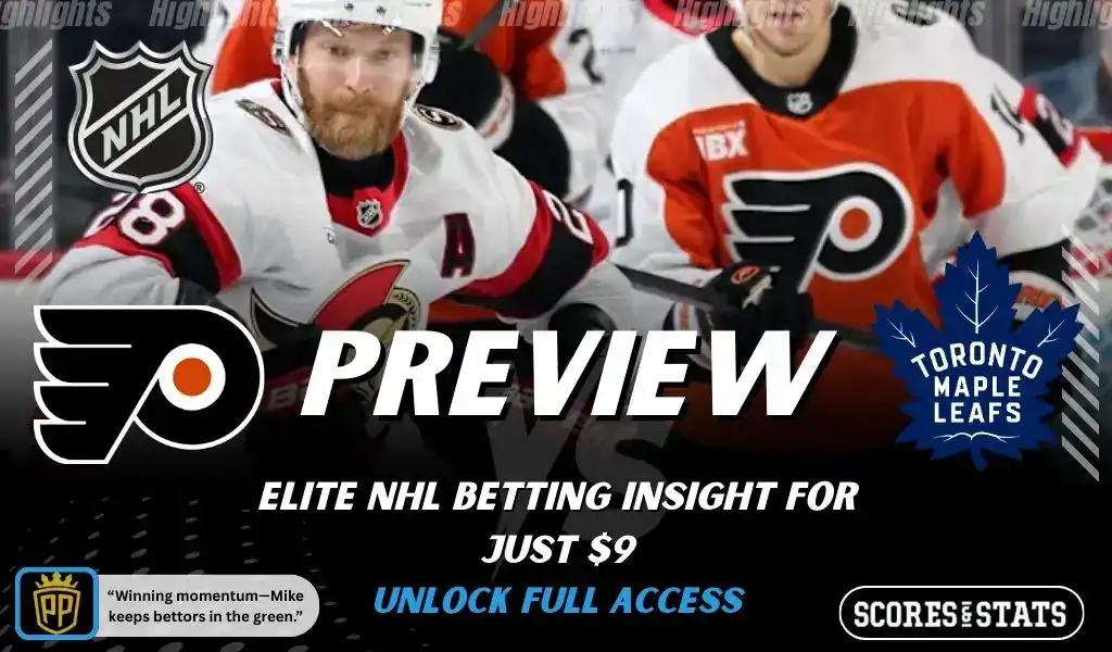 NHL game preview graphic for Philadelphia Flyers vs Toronto Maple Leafs with team logos players photo and the word Preview for January 8 2026