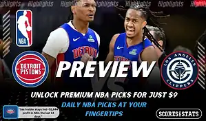 Detroit Pistons versus LA Clippers NBA preview graphic with team logos and Scores and Stats branding January 10 2026
