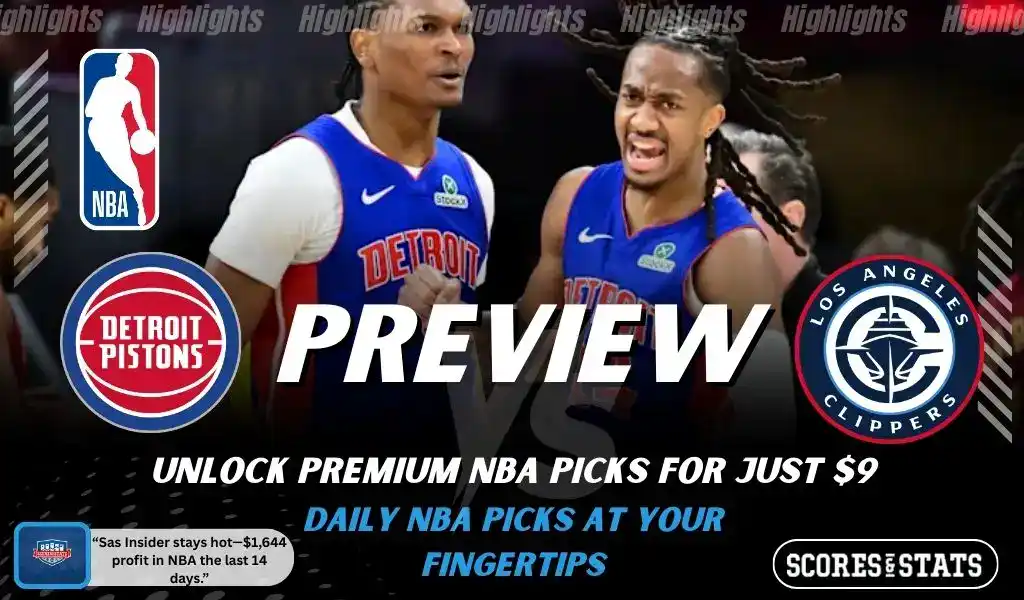 Detroit Pistons versus LA Clippers NBA preview graphic with team logos and Scores and Stats branding January 10 2026
