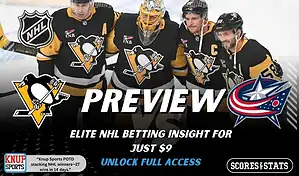 NHL game preview graphic for Pittsburgh Penguins vs Columbus Blue Jackets with team logos players photo and the word Preview for January 4 2026