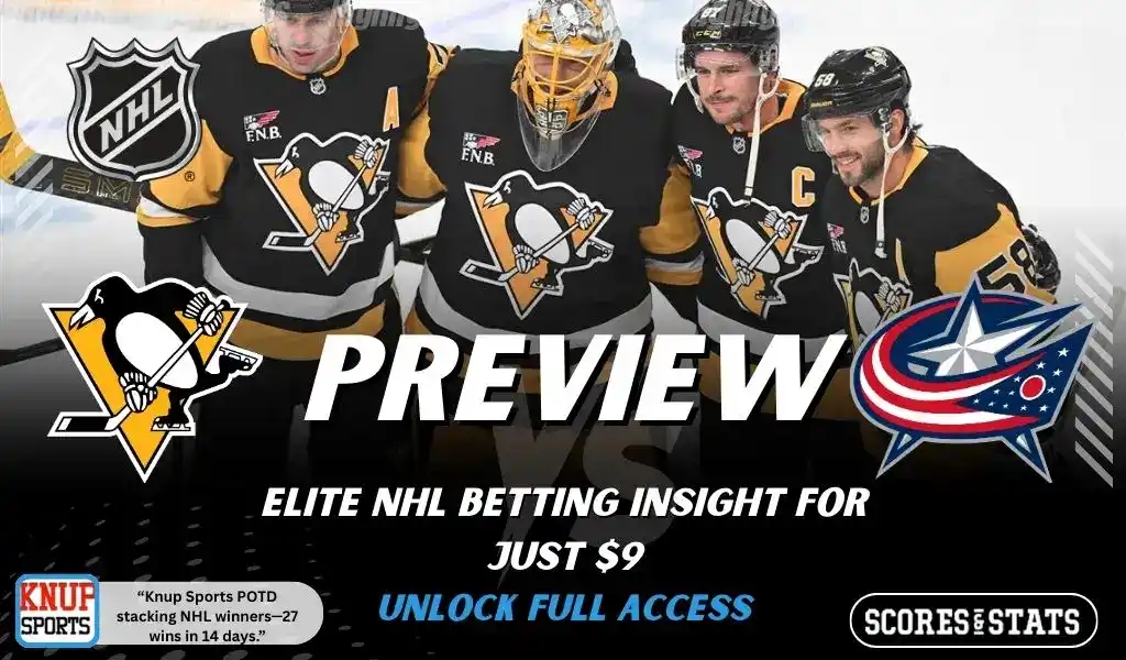 Previews 10 NHL game preview graphic for Pittsburgh Penguins vs Columbus Blue Jackets with team logos players photo and the word Preview for January 4 2026