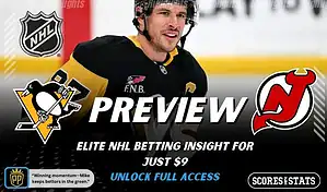 NHL game preview graphic for Pittsburgh Penguins vs New Jersey Devils with team logos player photo and the word Preview for January 8 2026