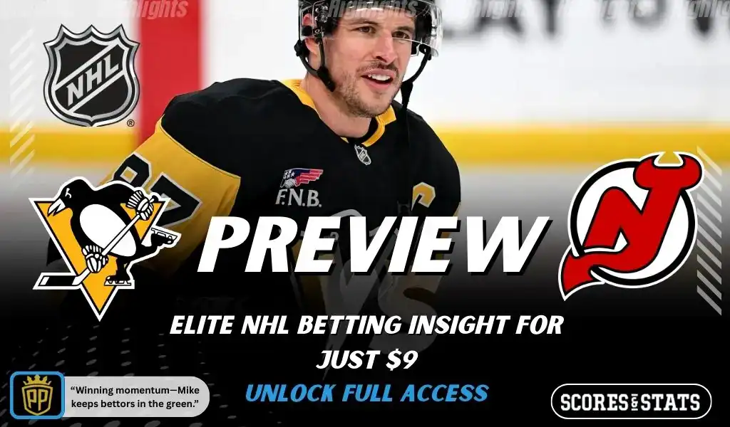 NHL game preview graphic for Pittsburgh Penguins vs New Jersey Devils with team logos player photo and the word Preview for January 8 2026