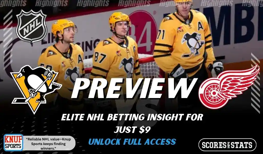 Pittsburgh Penguins vs Detroit Red Wings NHL preview graphic with Penguins players in yellow jerseys and both team logos