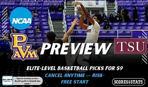 Prairie View A&M Panthers vs Texas Southern Tigers preview graphic with both team logos, “Picks and Predictions” label, and Prairie View A&M basketball action background (January 31, 2026).