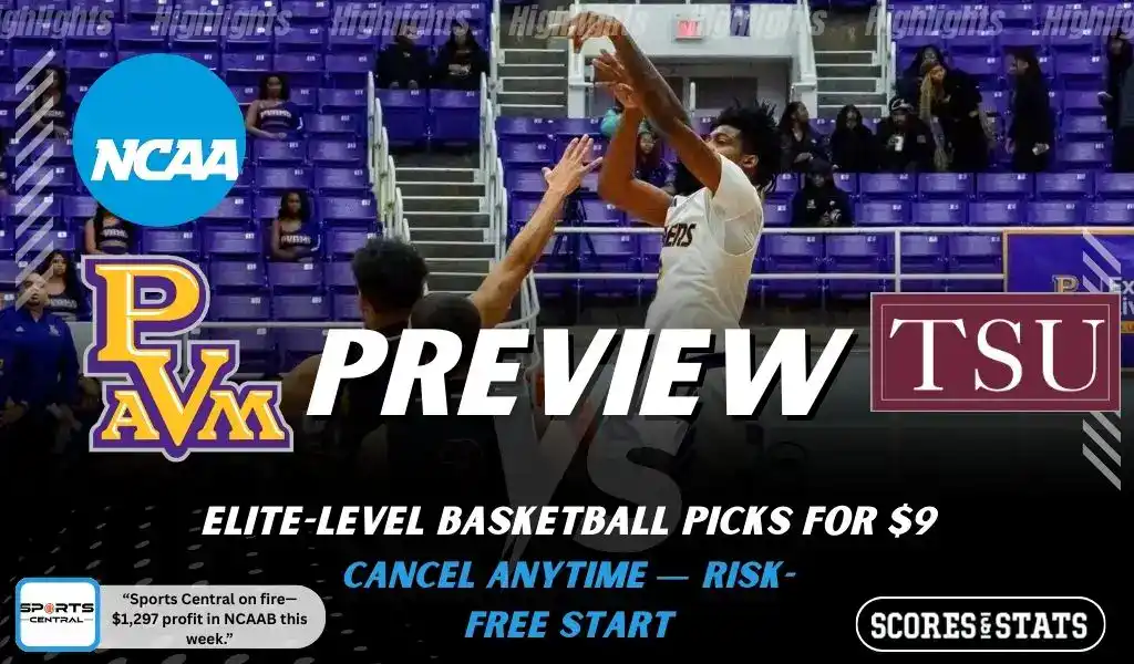 Prairie View A&M Panthers vs Texas Southern Tigers preview graphic with both team logos, “Picks and Predictions” label, and Prairie View A&M basketball action background (January 31, 2026).