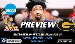NCAA basketball preview graphic for Prairie View A and M Panthers vs Grambling State Tigers with team logos a player photo and the word Preview for January 3 2026