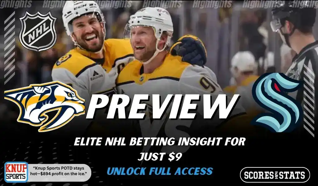 NHL preview graphic featuring Nashville Predators and Seattle Kraken logos with Predators players celebrating and the word preview across the center