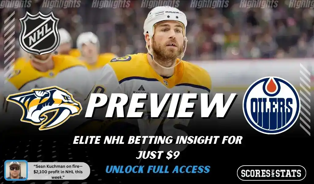 Nashville Predators versus Edmonton Oilers NHL preview graphic with team logos and Scores and Stats branding January 13 2026