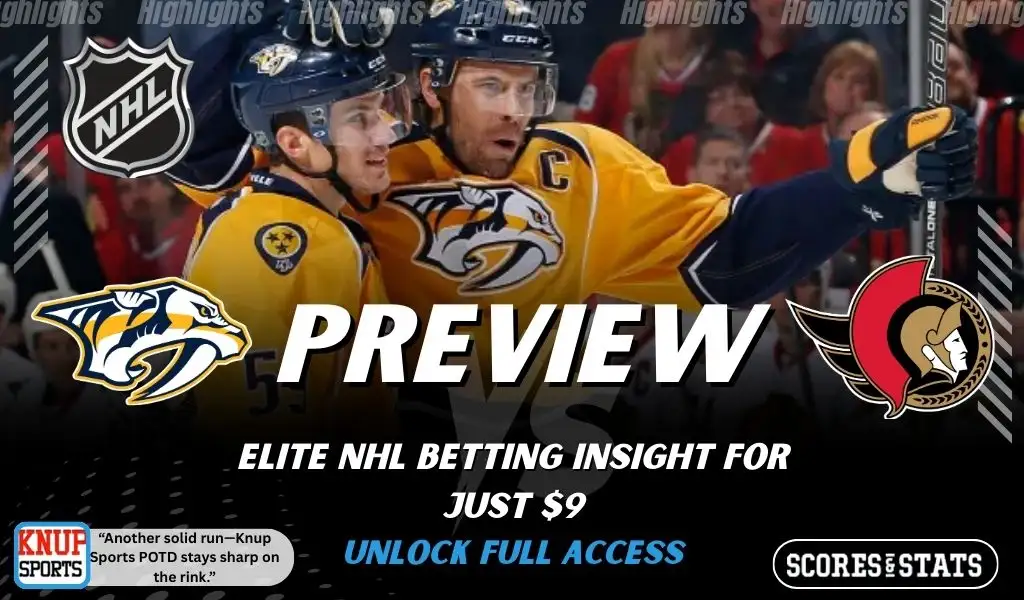 Nashville Predators vs Ottawa Senators NHL preview graphic showing two Predators players celebrating with both team logos for January 22 2026
