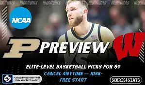 Purdue Boilermakers vs Wisconsin Badgers NCAA basketball preview graphic with a Purdue player close up and team logos