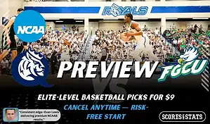 Queens Royals vs Florida Gulf Coast Eagles basketball preview graphic with Queens and FGCU logos and a player dribbling on the court in the background
