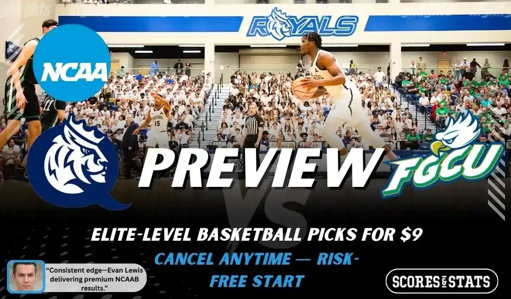 Queens Royals vs Florida Gulf Coast Eagles basketball preview graphic with Queens and FGCU logos and a player dribbling on the court in the background