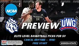 Queens NC Royals vs West Georgia Wolves preview graphic with team logos and NCAA branding promoting college basketball picks and predictions for January 24 2026