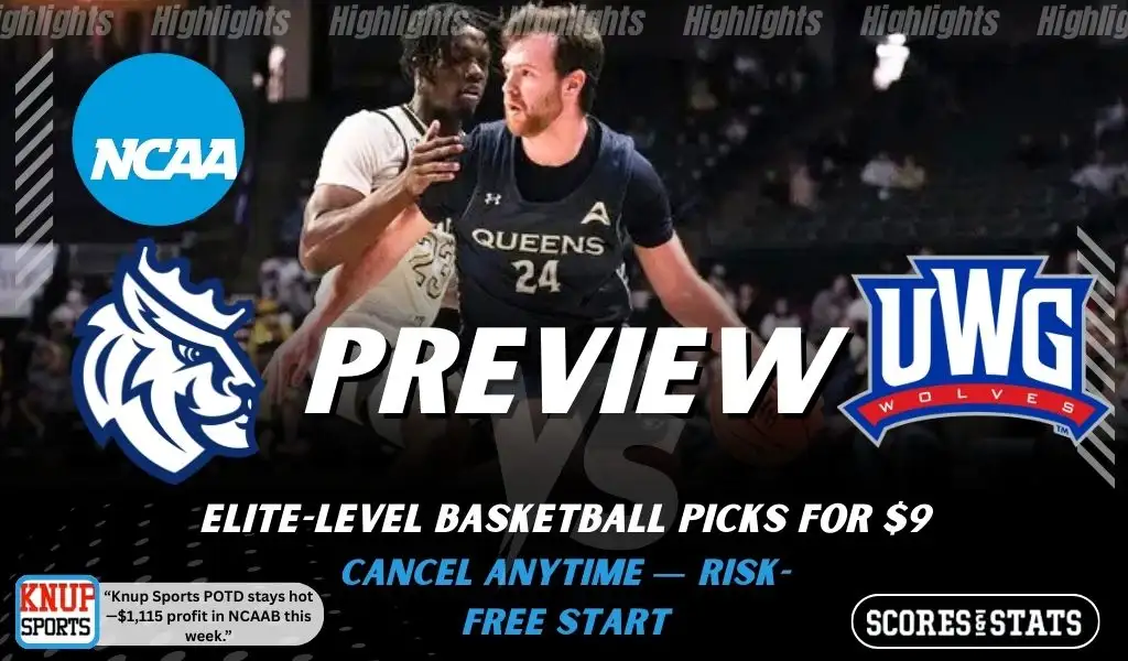 Queens NC Royals vs West Georgia Wolves preview graphic with team logos and NCAA branding promoting college basketball picks and predictions for January 24 2026