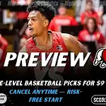 Radford Highlanders vs Gardner Webb Runnin Bulldogs basketball preview graphic with team logos and a player in action in the background