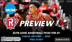 Radford Highlanders vs Gardner Webb Runnin Bulldogs basketball preview graphic with team logos and a player in action in the background