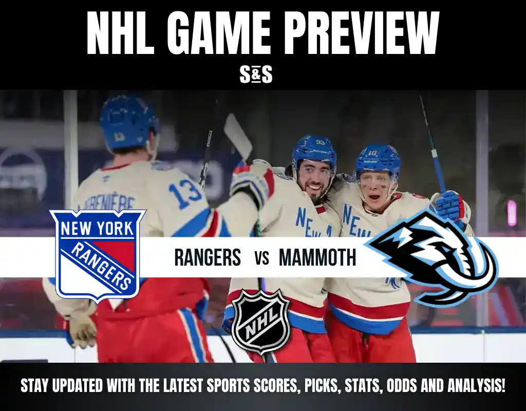 NHL game preview featuring the New York Rangers versus Mammoth, with players celebrating on the ice.