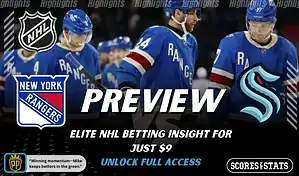 New York Rangers versus Seattle Kraken NHL preview graphic with team logos and Scores and Stats branding January 12 2026