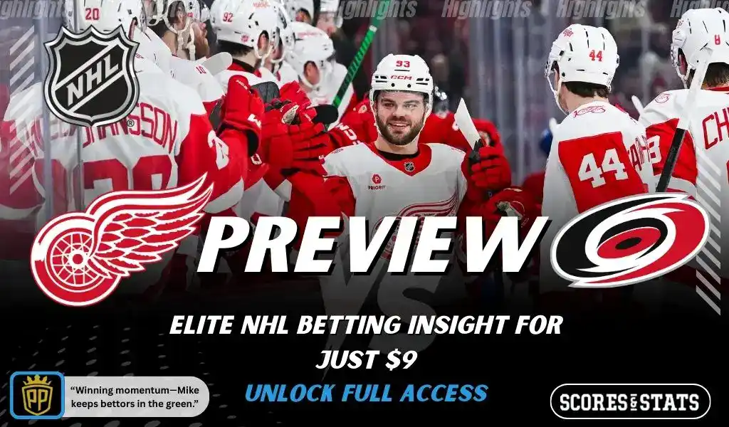 Detroit Red Wings versus Carolina Hurricanes NHL preview graphic with team logos and Scores and Stats branding January 12 2026