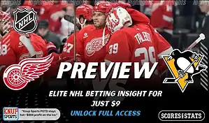 NHL preview graphic featuring Detroit Red Wings and Pittsburgh Penguins logos with Red Wings players celebrating on the ice and the word preview across the center