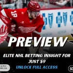 Detroit Red Wings vs San Jose Sharks NHL preview graphic with team logos, “Preview” headline, and ScoresAndStats promo for elite NHL betting insight