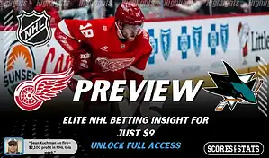 Detroit Red Wings vs San Jose Sharks NHL preview graphic with team logos, “Preview” headline, and ScoresAndStats promo for elite NHL betting insight