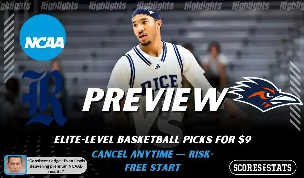 Rice Owls vs UTSA Roadrunners basketball preview graphic with Rice and UTSA logos and a Rice player in action in the background