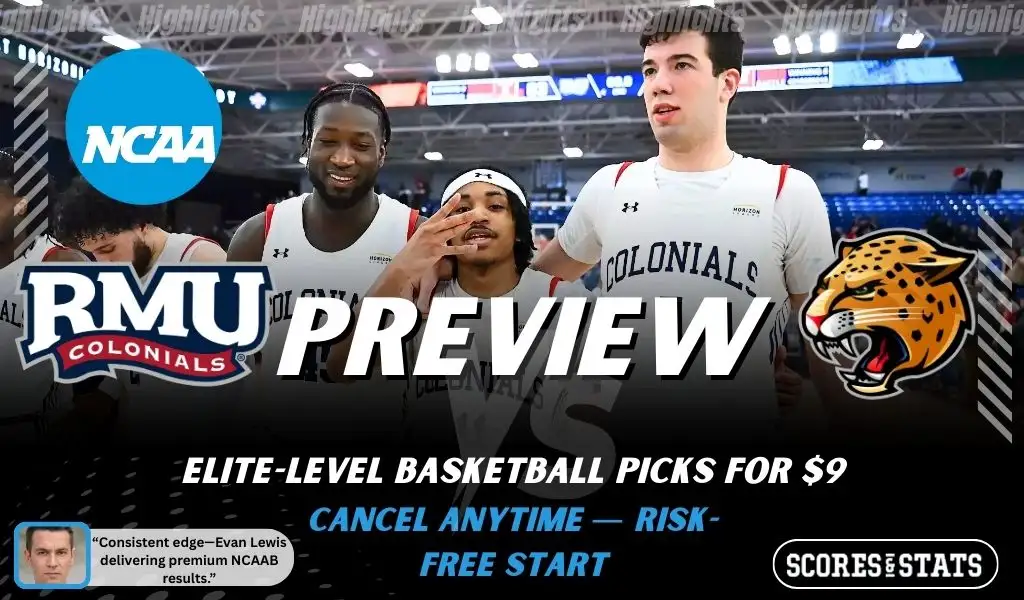 Robert Morris Colonials vs IU Indy Jaguars basketball preview graphic with team logos and Robert Morris players posing in the background