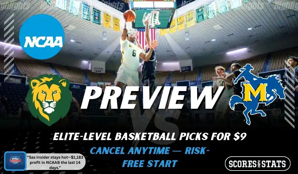 Southeastern Louisiana Lions versus McNeese State Cowboys college basketball preview graphic with team logos and Scores and Stats branding January 10 2026