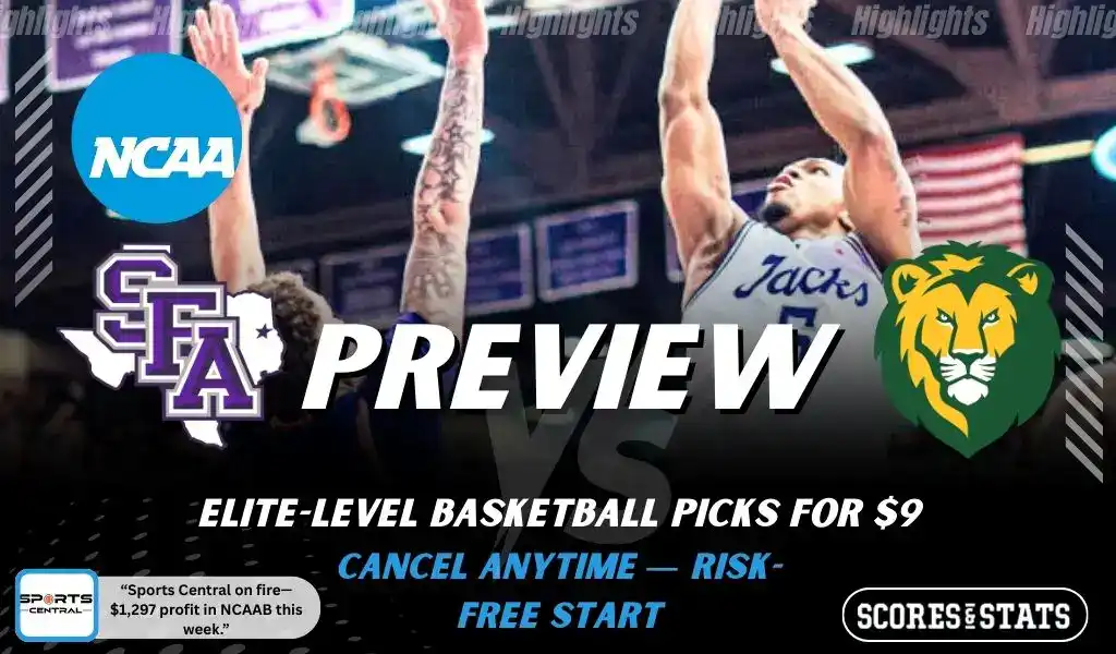 Stephen F. Austin Lumberjacks vs Southeastern Louisiana Lions preview graphic with both team logos, “Picks and Predictions” label, and Stephen F. Austin basketball action background (January 31, 2026).