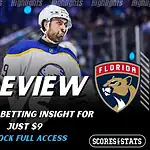 Buffalo Sabres versus Florida Panthers NHL preview graphic with team logos and Scores and Stats branding January 12 2026