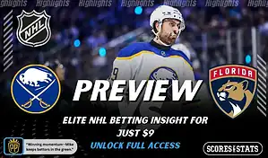Buffalo Sabres versus Florida Panthers NHL preview graphic with team logos and Scores and Stats branding January 12 2026