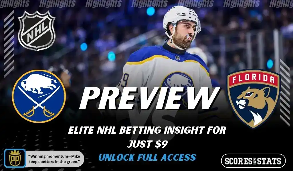 Buffalo Sabres versus Florida Panthers NHL preview graphic with team logos and Scores and Stats branding January 12 2026