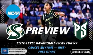 Sacramento State Hornets versus Portland State Vikings college basketball preview graphic with team logos and Scores and Stats branding January 10 2026